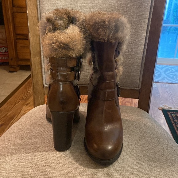 Frye Penny Brown Leather Luxe Moto Short Heeled Booties Real Rabbit Fur Size 9 - Picture 5 of 8